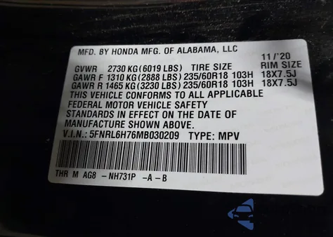2021 Honda Odyssey Ex-L from USA, damaged, VIN 5FNRL6H76MB030209